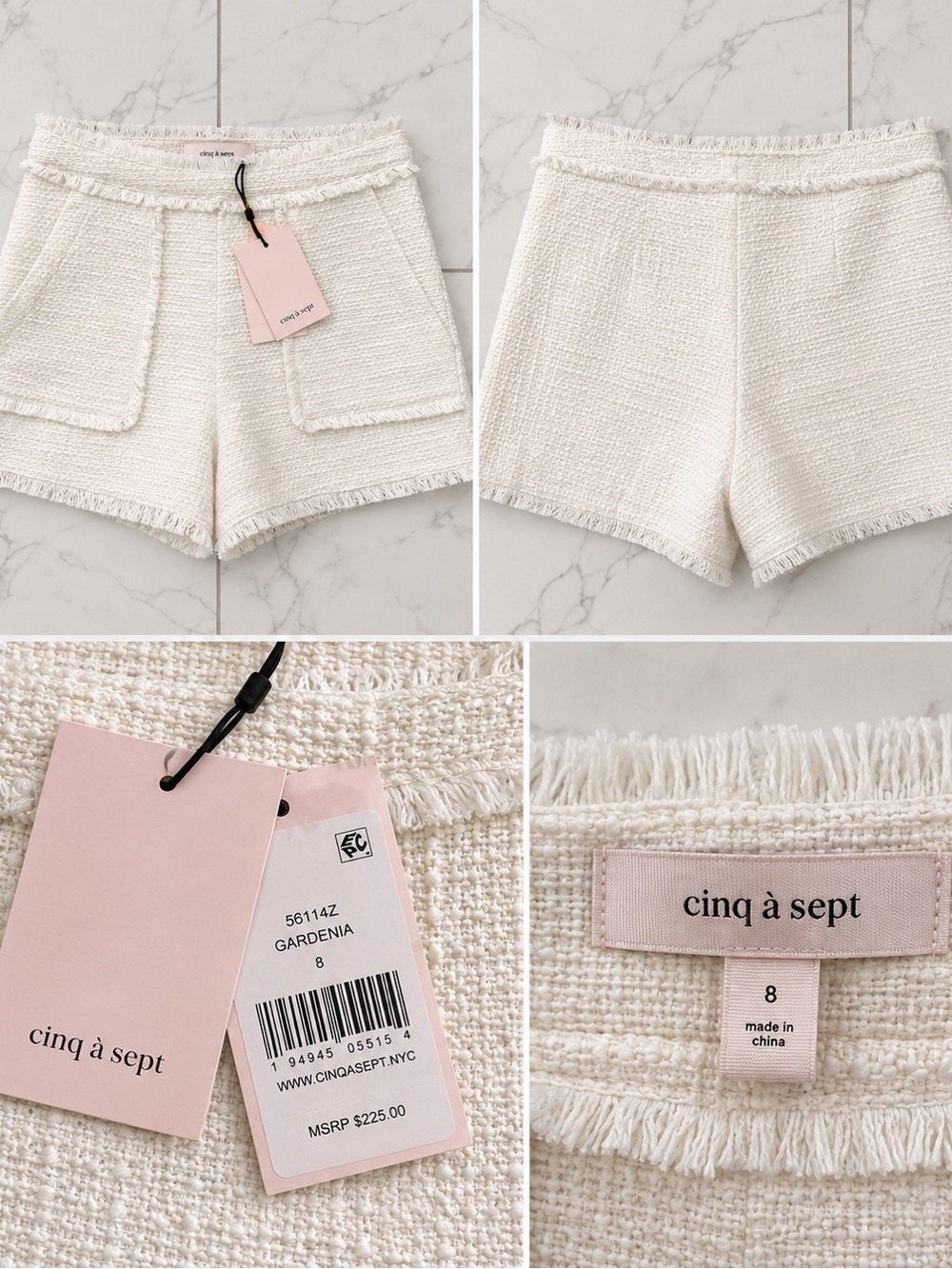 cinq à sept Gardenia Cream Tweed High-Waist Fringe Shorts